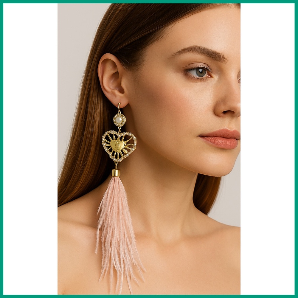 nOir Feather Pearl Gold Tone Boho Earrings